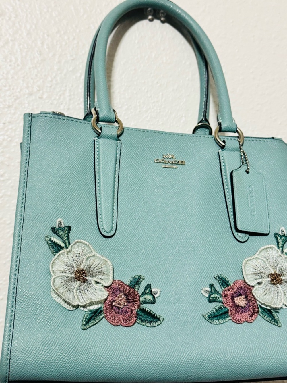 COACH Light Blue  Floral Applique Leather Satchel with Top Handles - Picture 2 of 16